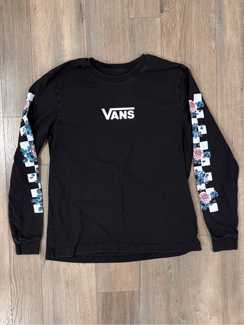 Vans Black Long-Sleeve Tee with Floral Checker Sleeve Panels